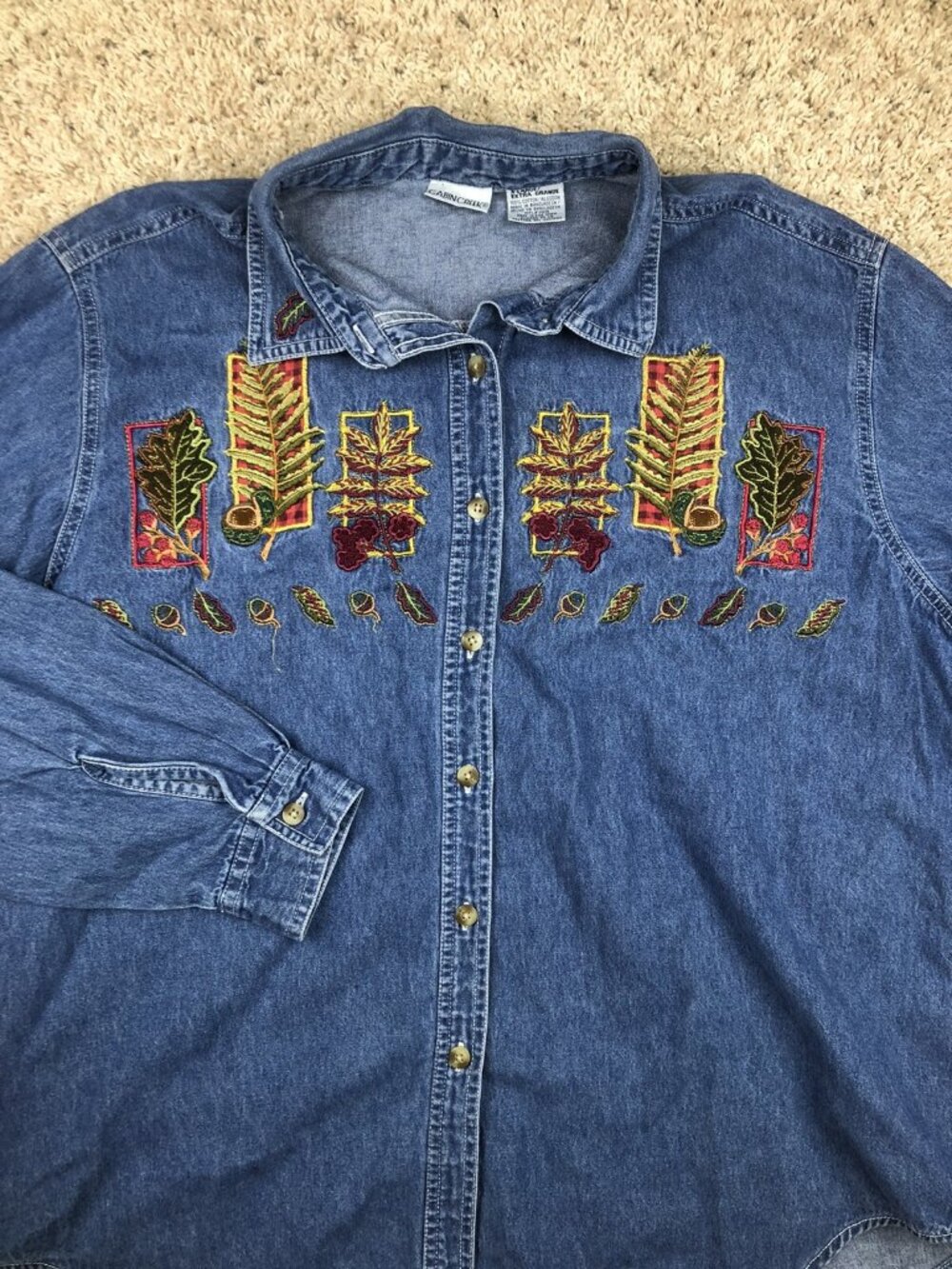 CABIN CREEK BLUE DENIM JEAN JACKET Button Up SIZE XL Women’s Floral Leafs